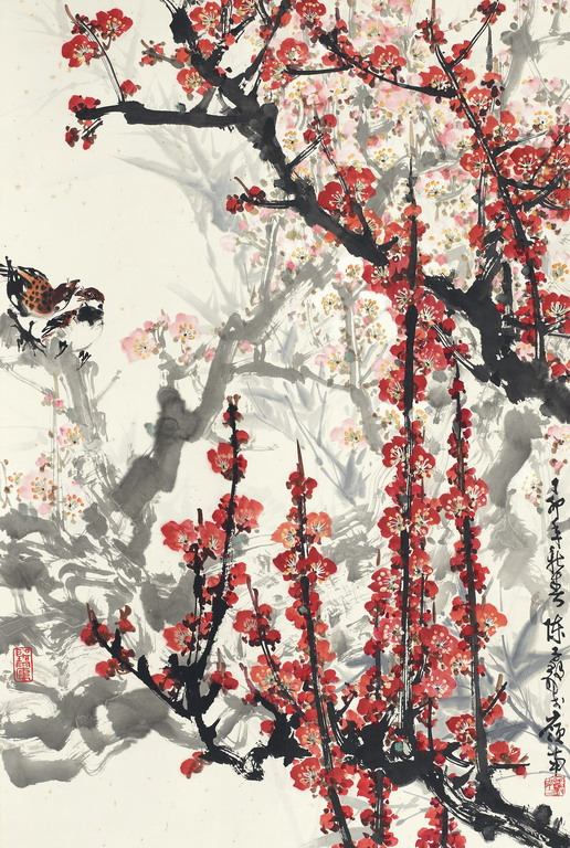 桃花双雀